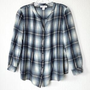 Coldwater Creek Plaid Pintuck Shirt Size Large Blue Rayon Button Cottagecore